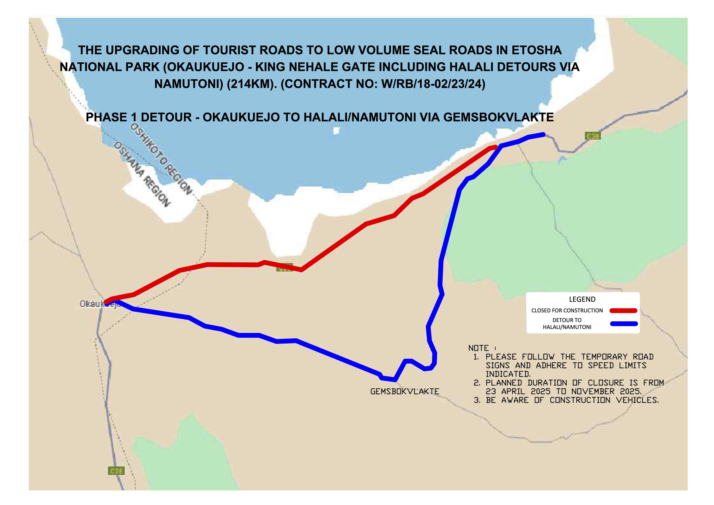 Etosha National Park temporary detour map