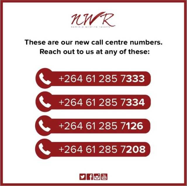 Reach out to our call centre via these new numbers and we'll gladly assist you!
www.nwr.com.na
#NWRMemories #TravelWithNWR #Namibia #Africa #travelafrica #travel #tourist #NWR #instatravel #NWRMoments